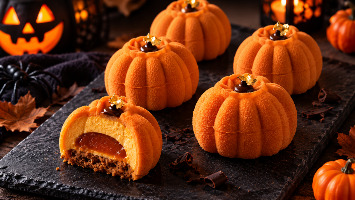 Mini-entremets citrouille vanille, caramel & chocolat 🎃