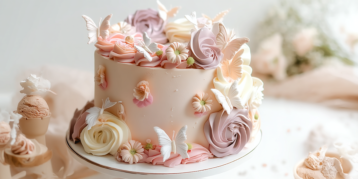 Gâteau décoré de fleurs et papillons en sucre aux tons pastel