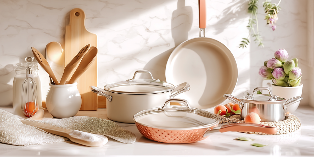 Batterie de cuisine avec casseroles, poêles et faitouts accompagnés d’ustensiles de cuisson sur plan de travail clair