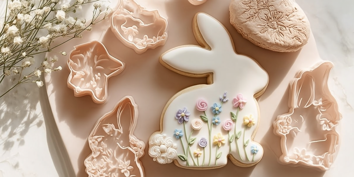 Biscuits de Pâques décorés en forme de lapins et fleurs