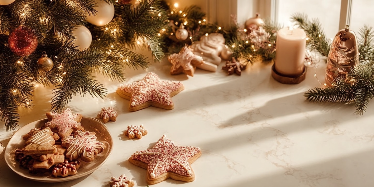Décoration de Noël chaleureuse avec biscuits en forme d’étoile, sapin décoré, bougie et branches de sapin