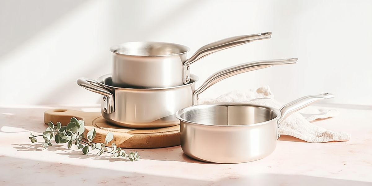 Casseroles en inox de différentes tailles avec manches longs