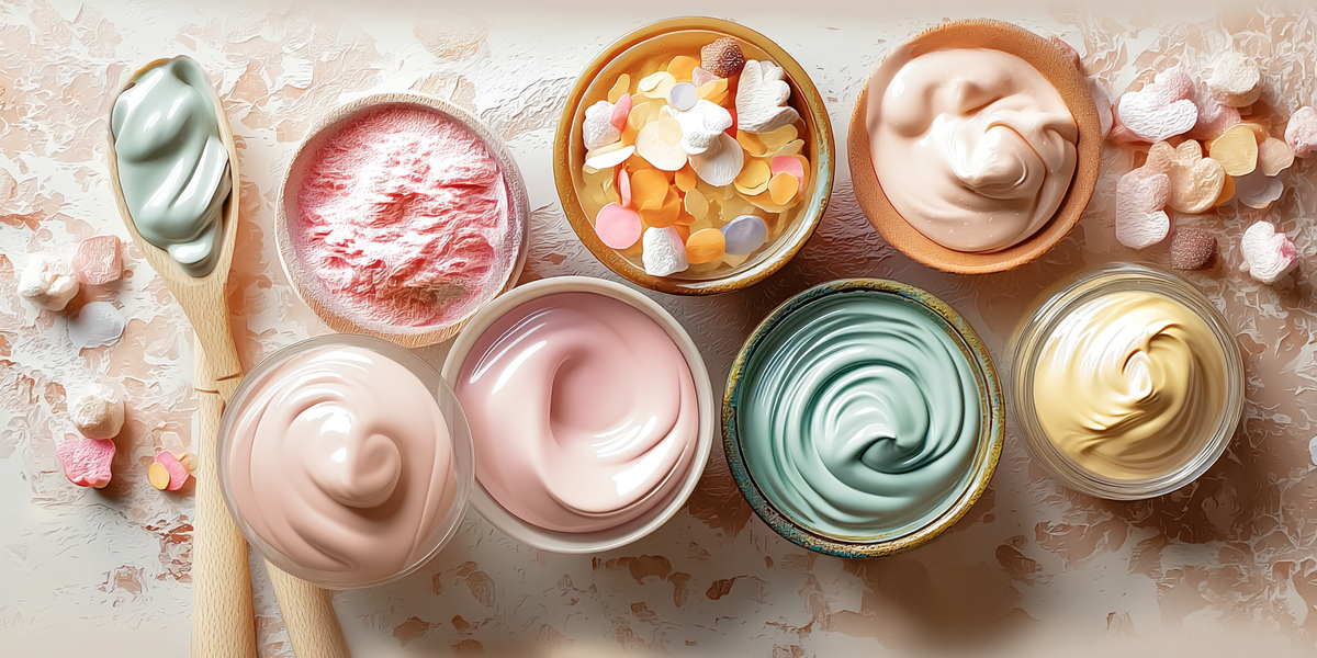 Crèmes et préparations pâtissières colorées aux teintes pastel pour garnir et décorer gâteaux et desserts