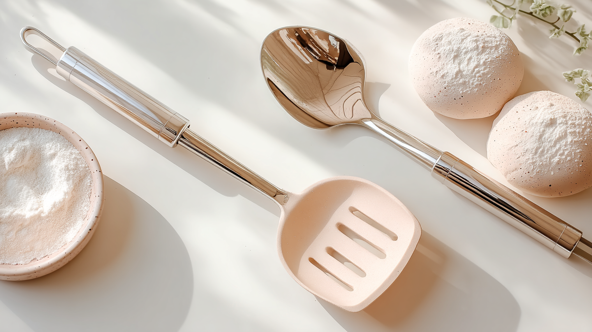 Spatule et cuillère de cuisine en inox avec manches métalliques