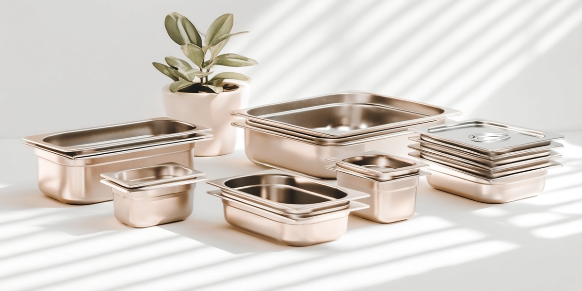 Bacs gastronormes en inox de différentes tailles avec couvercles