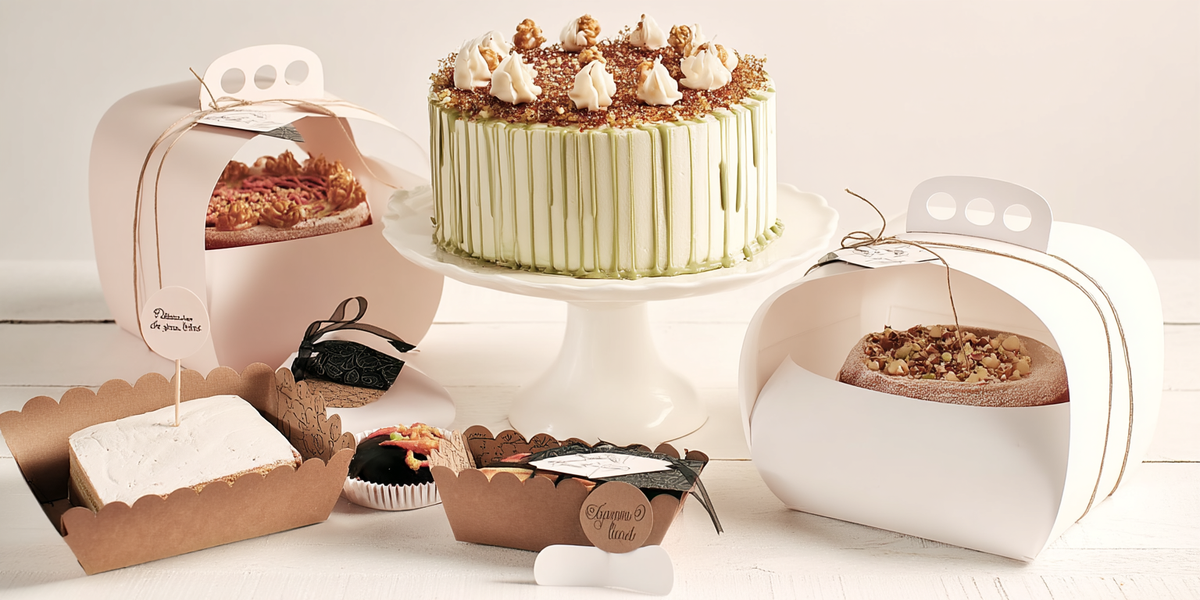 Gâteaux et pâtisseries présentés dans des boîtes de transport avec gâteau décoré au centre