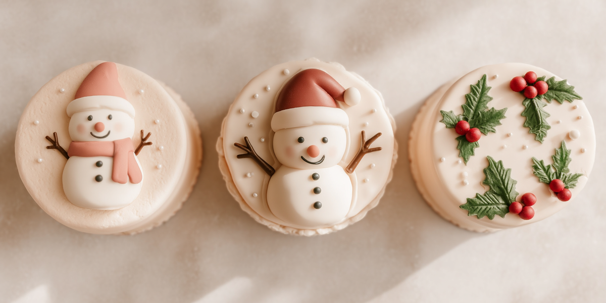 Biscuits de Noël décorés de bonhommes de neige et houx