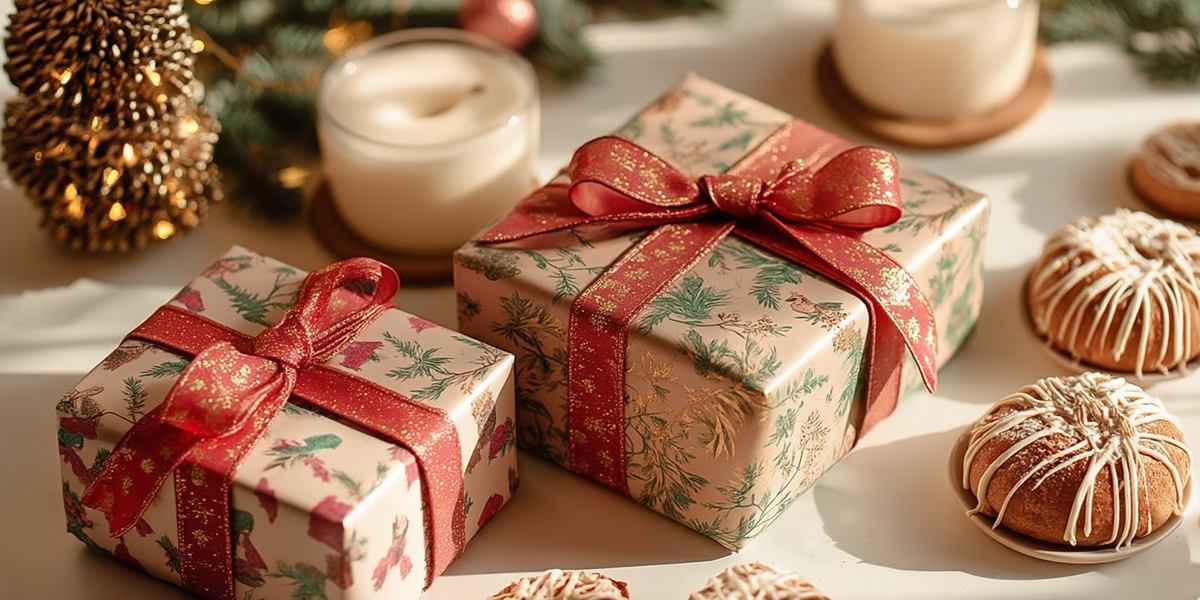 Cadeaux de Noël emballés avec rubans rouges et biscuits festifs