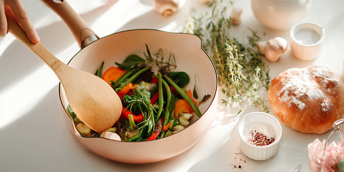 Cocotte avec légumes frais et herbes aromatiques en cours de préparation, accompagnée d’ustensiles de cuisine et d’ingrédients sur un plan de travail clair