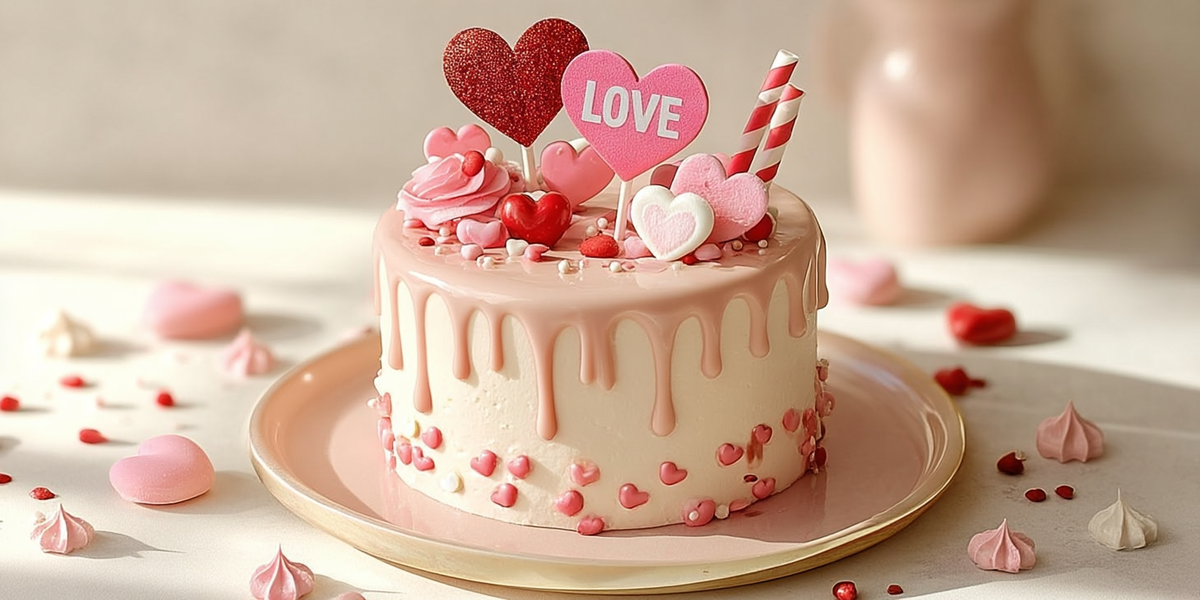 Gâteau Saint-Valentin rose décoré de cœurs et confiseries
