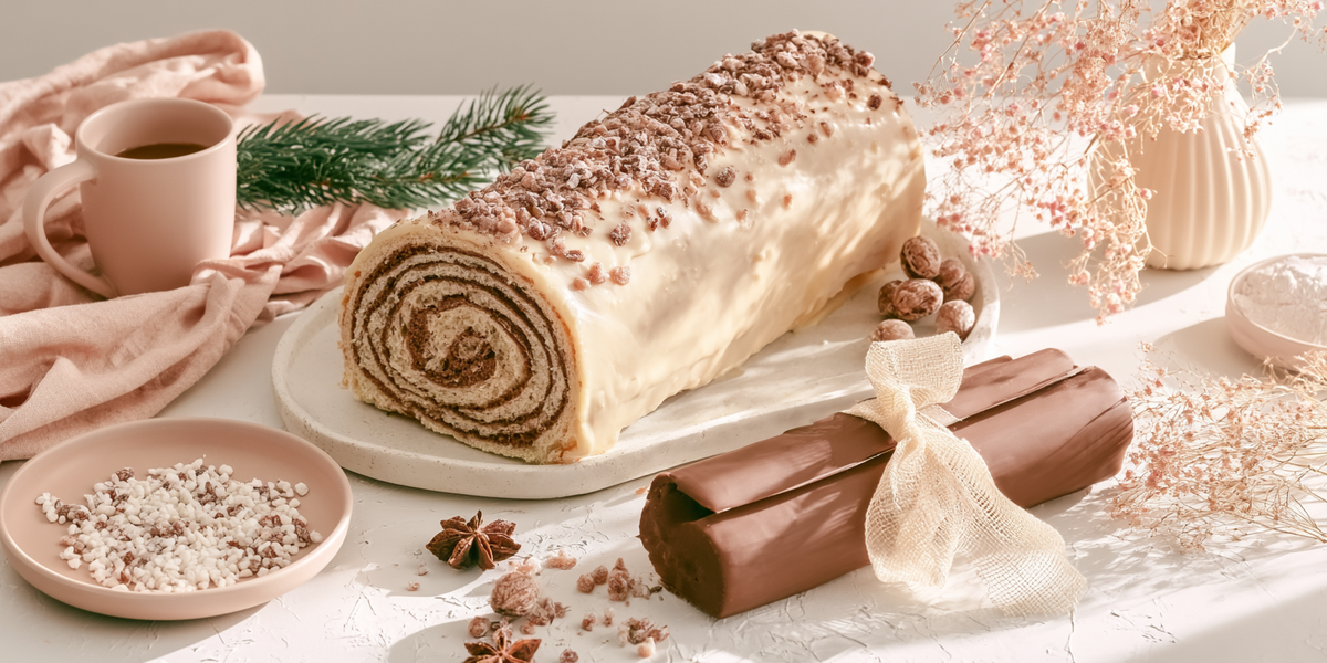 Bûche pâtissière roulée avec glaçage blanc et copeaux de chocolat, accompagnée d’une bûche au chocolat dans une ambiance festive