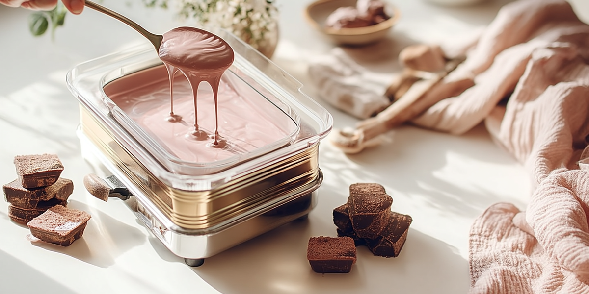 Tempéreuse à chocolat avec chocolat fondu et morceaux de chocolat