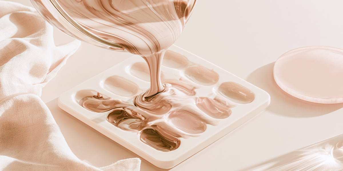 Chocolat fondu versé dans un moule à empreintes ovales