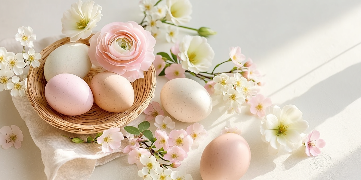 Décoration de Pâques printanière avec œufs pastel, fleurs roses et blanches et panier en osier