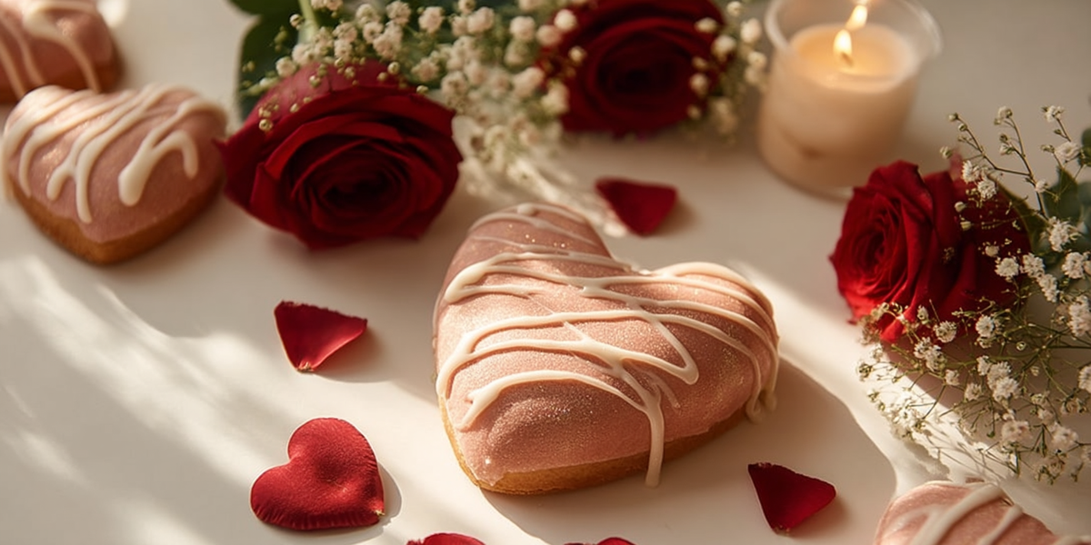 Pâtisserie en forme de cœur décorée d’un glaçage rose, entourée de roses rouges, pétales et bougie pour la Saint-Valentin