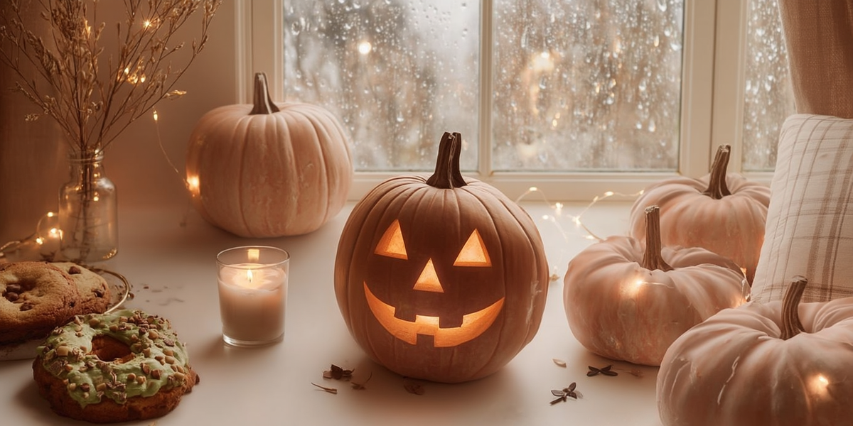 Décoration d’Halloween chaleureuse avec citrouilles, lanterne Jack-o’-lantern, bougie et biscuits dans une ambiance automnale lumineuse