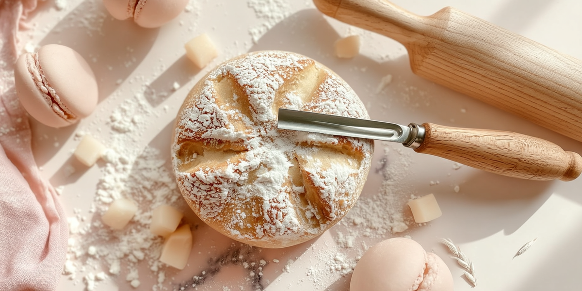 Couteau à fromage avec manche en bois présenté avec fromage, macarons et accessoires de pâtisserie sur plan de travail clair