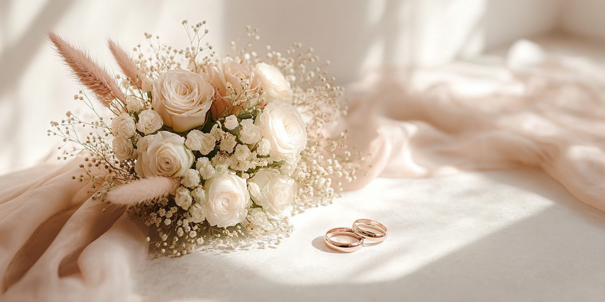 Bouquet de mariage aux tons blancs et poudrés avec alliances dorées sur tissu satiné