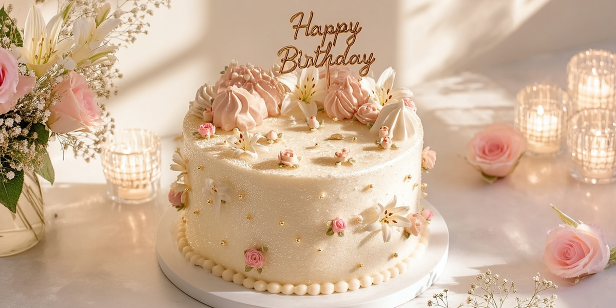 Gâteau d’anniversaire fleuri avec décoration « Happy Birthday »
