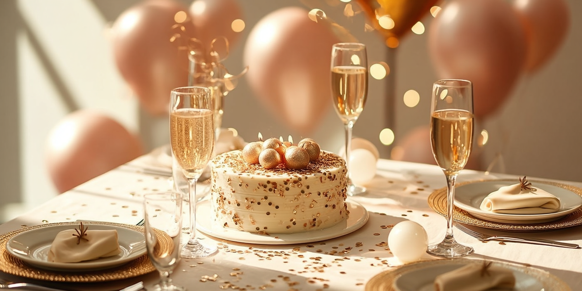 Gâteau de fête élégant entouré de coupes pétillantes, ballons et décorations dorées dans une ambiance festive