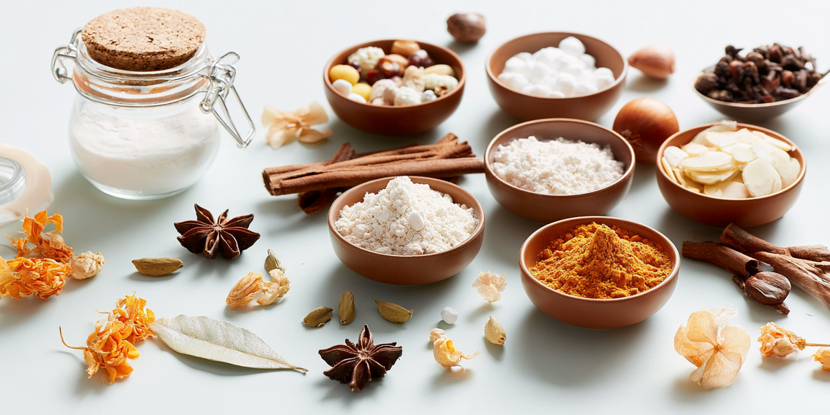 Épices et ingrédients aromatiques pour pâtisserie avec cannelle, anis étoilé, cardamome, amandes et poudres colorées