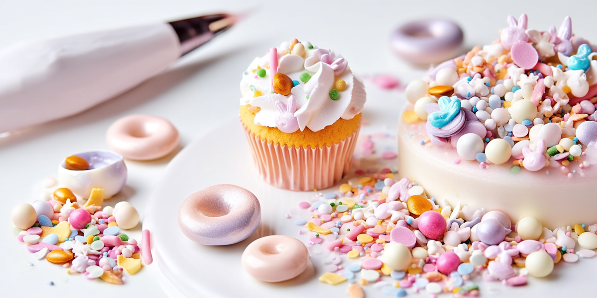 Cupcake et gâteau décorés de confiseries et décors en sucre colorés
