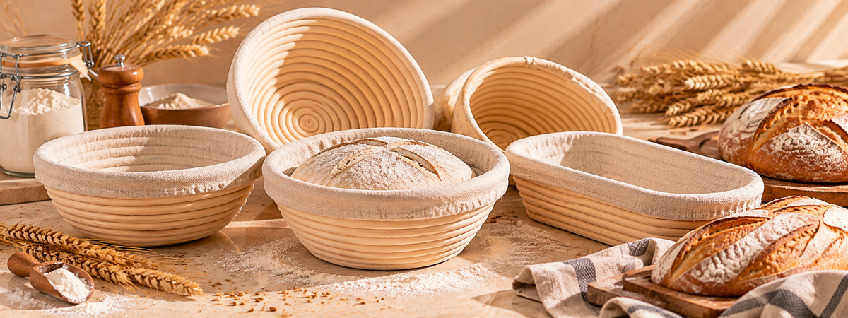 ensemble de bannetons en osier avec pains