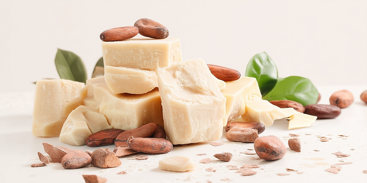Beurre de cacao en morceaux accompagné de fèves de cacao, ingrédient pour chocolat et pâtisserie