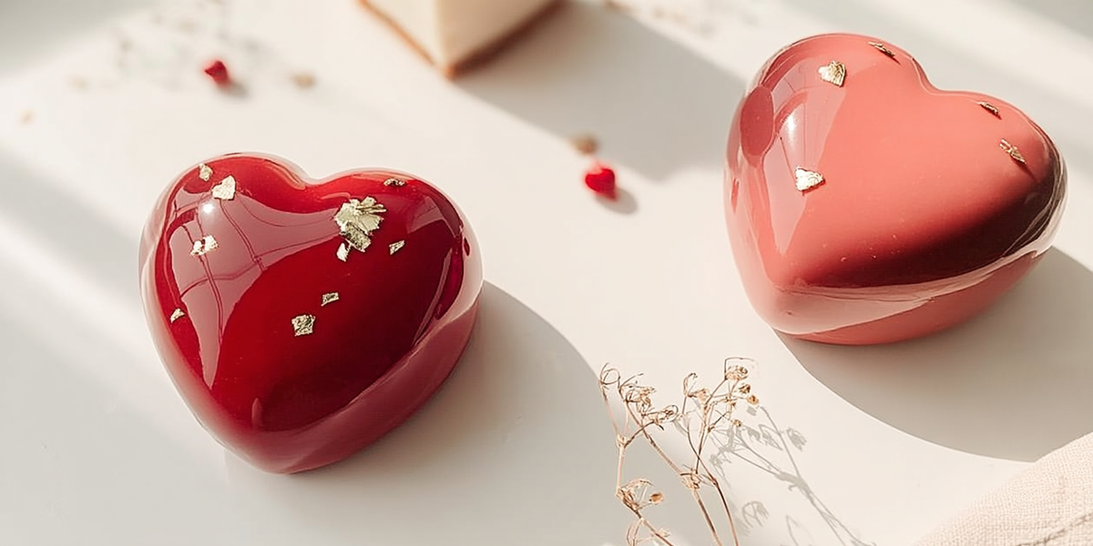 Entremets en forme de cœur avec glaçage miroir rouge et rose