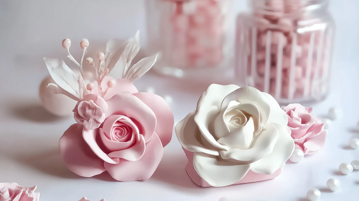Fleurs en sucre roses et blanches pour décoration de pâtisseries