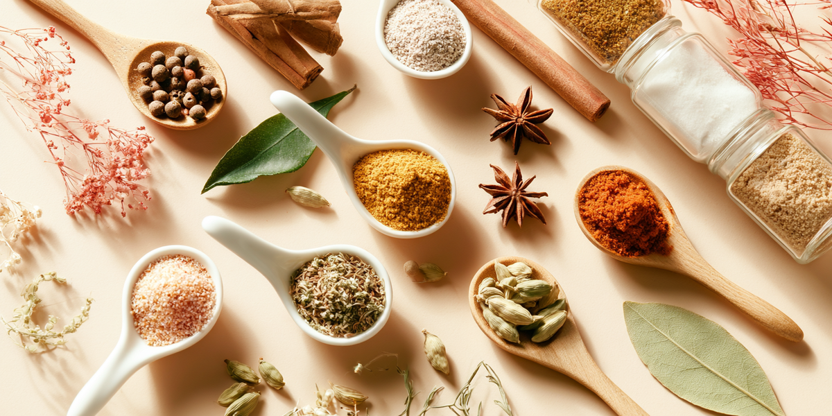 Épices et aromates variés dans des cuillères en bois