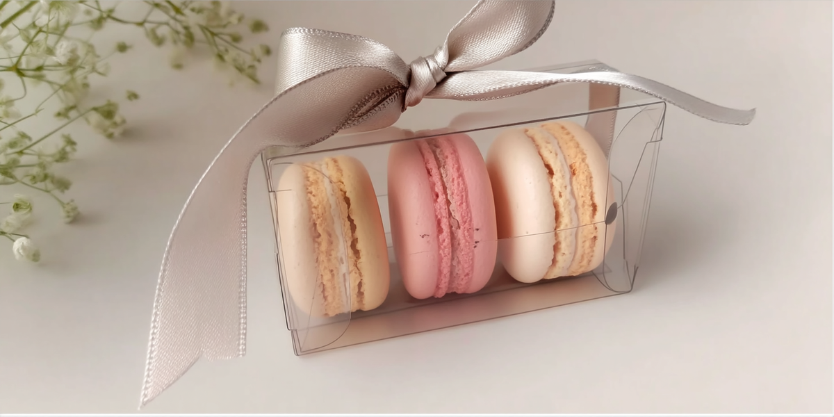 Boîte transparente avec macarons et ruban satiné