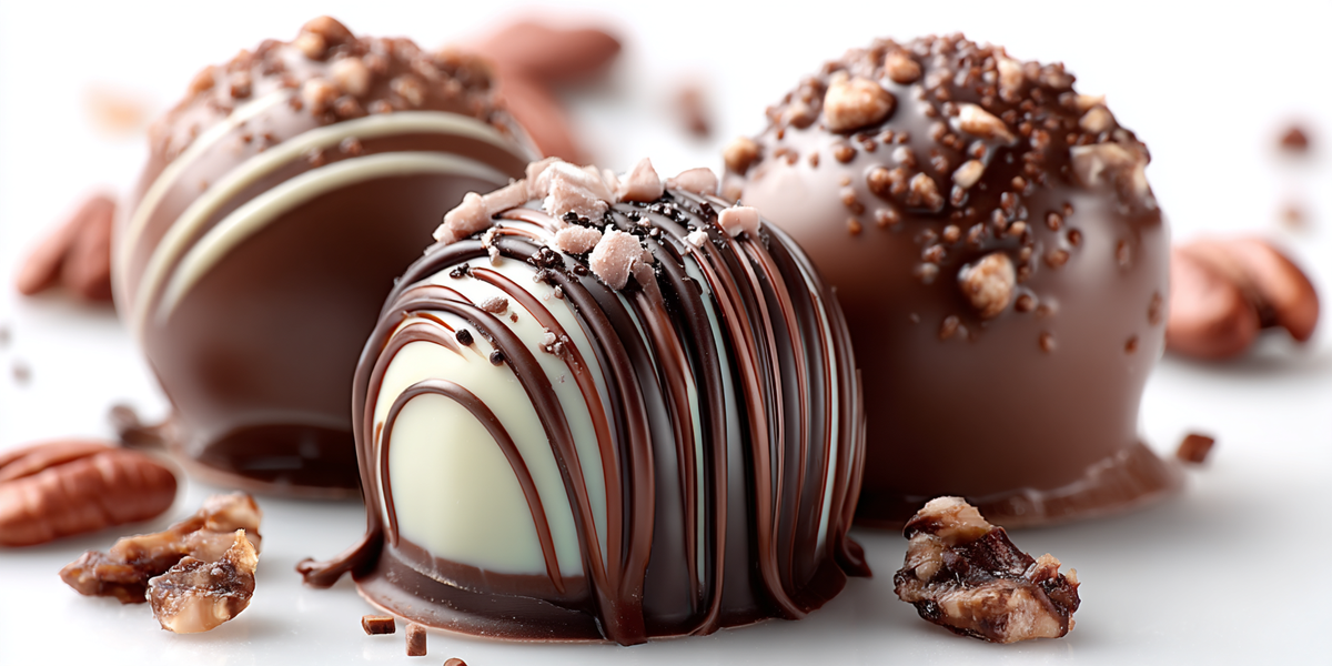 Bonbons au chocolat décorés de chocolat et éclats de fruits secs