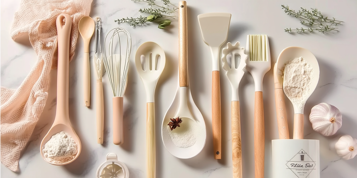 Ustensiles de cuisine et de pâtisserie avec spatules, fouet, pinceau, cuillères et accessoires à manches en bois