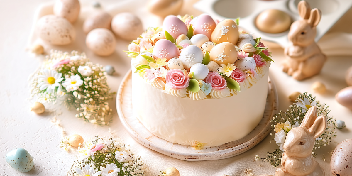 Gâteau de Pâques décoré d’œufs, fleurs et lapins