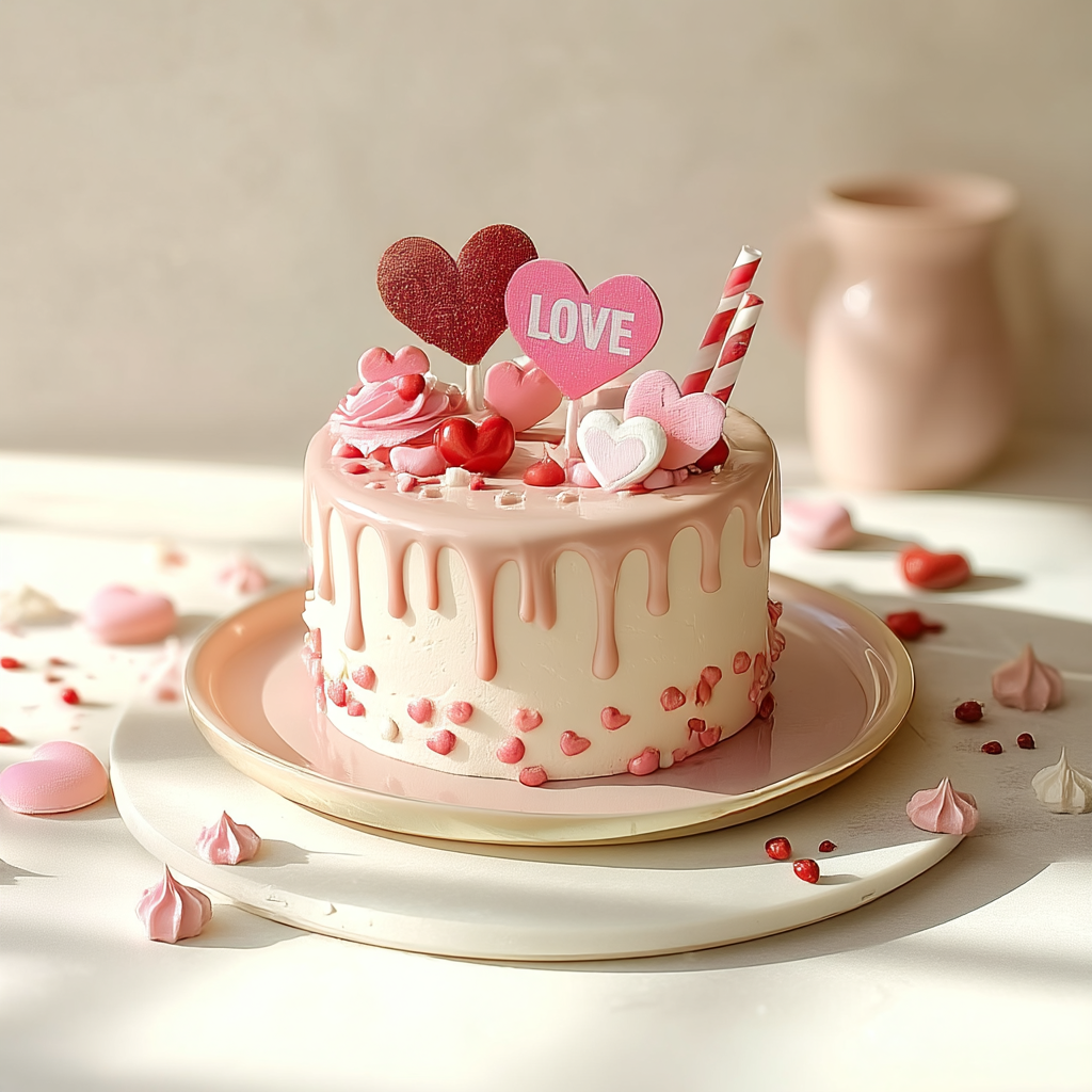 Gâteau Saint-Valentin décoré de cœurs roses et rouges avec topper « LOVE »