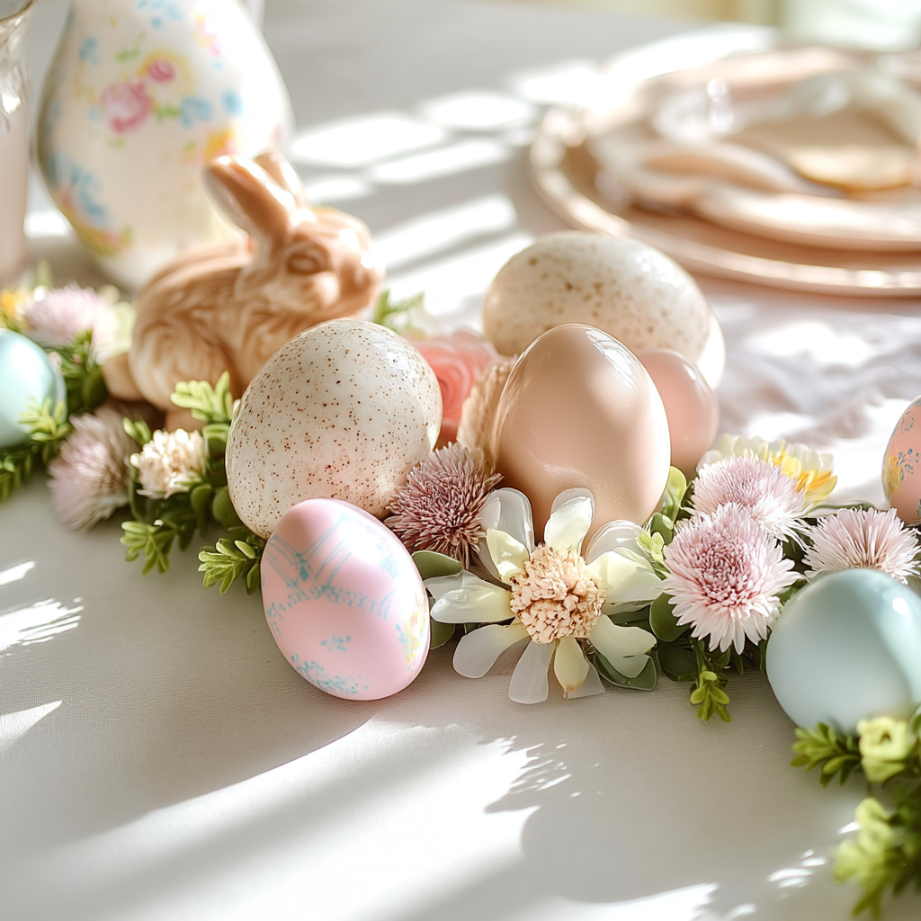 Décoration de Pâques avec œufs pastel, lapin et fleurs printanières
