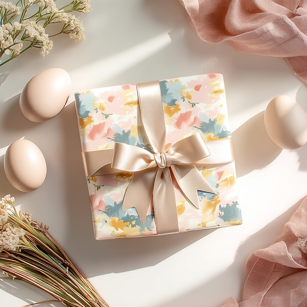 Cadeau de Pâques emballé avec ruban satiné, entouré d’œufs et de fleurs printanières