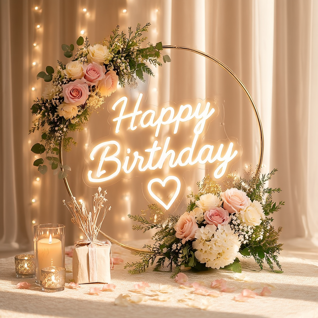 Décoration d’anniversaire élégante avec fleurs, bougies et enseigne lumineuse « Happy Birthday »