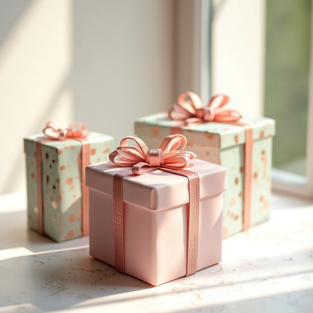 Coffrets cadeaux élégants aux tons pastel avec rubans roses
