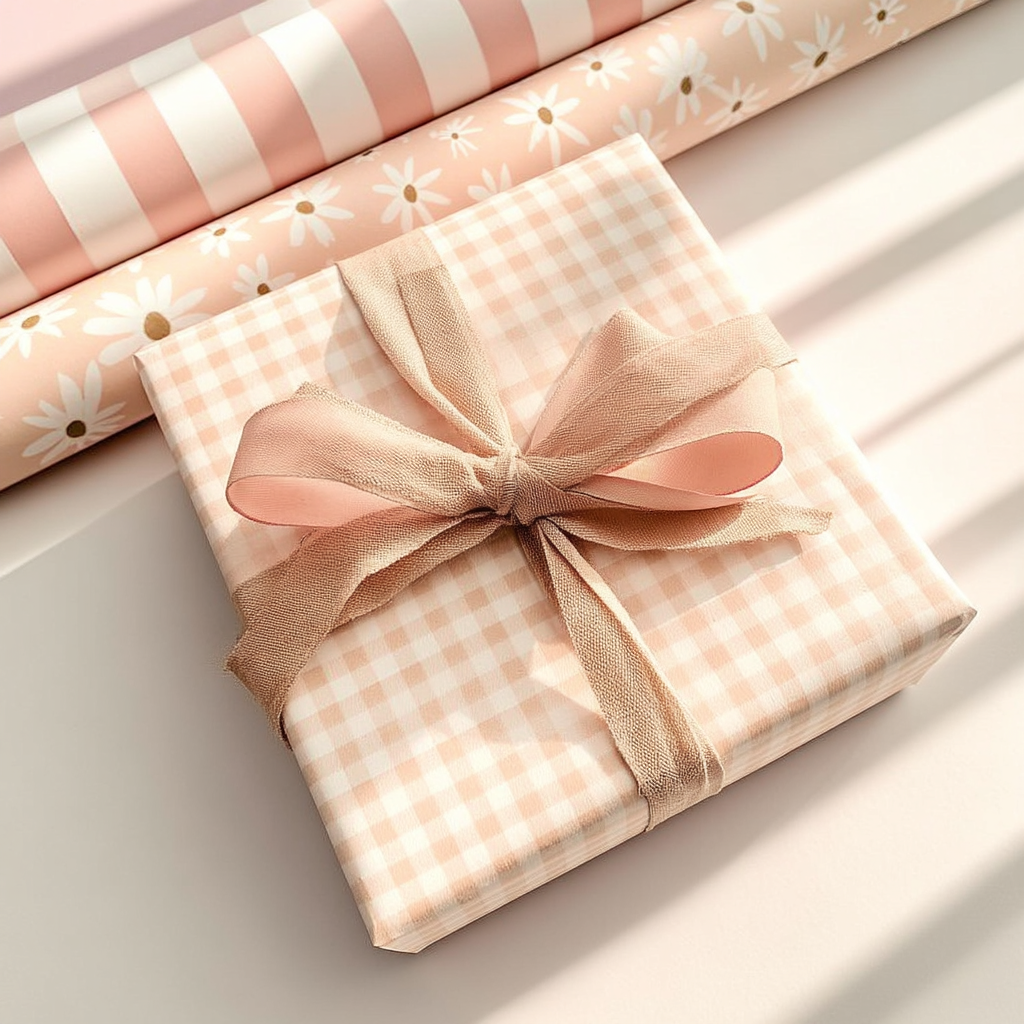 Cadeau emballé dans un papier vichy rose pastel avec ruban en tissu, accompagné de papiers cadeaux fleuris