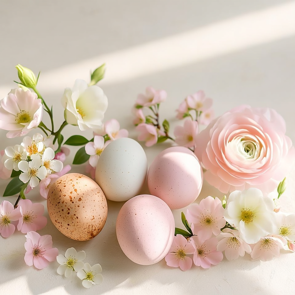 Œufs de Pâques aux couleurs pastel entourés de fleurs printanières