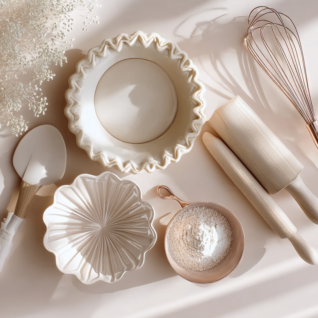 Ustensiles de pâtisserie avec rouleaux à pâtisserie, fouet, spatule et farine