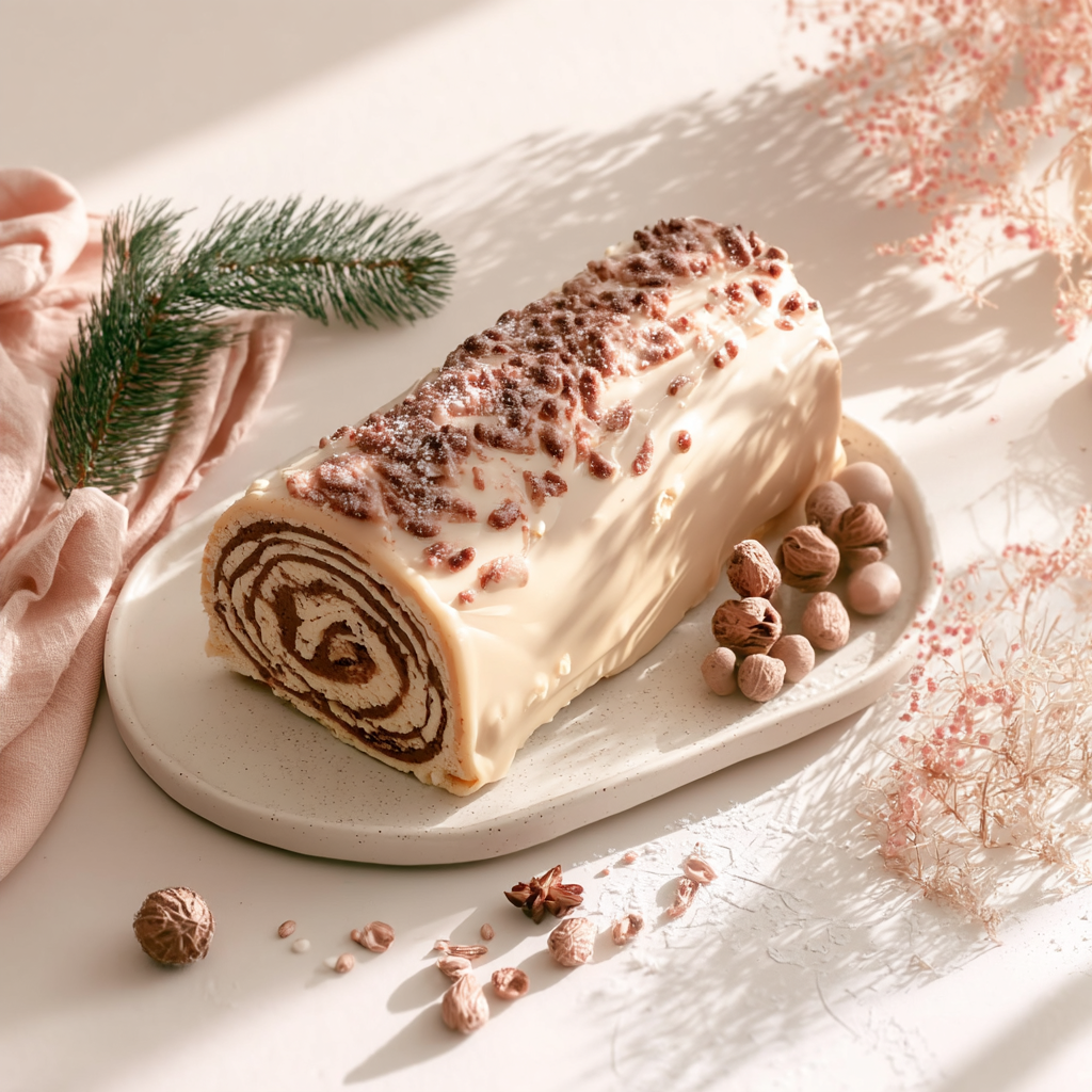 Bûche de Noël roulée au chocolat et glaçage blanc, décorée de noisettes