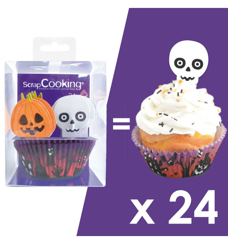 Kit 24 caissettes et 24 cake toppers ScrapCooking pour cupcakes Halloween