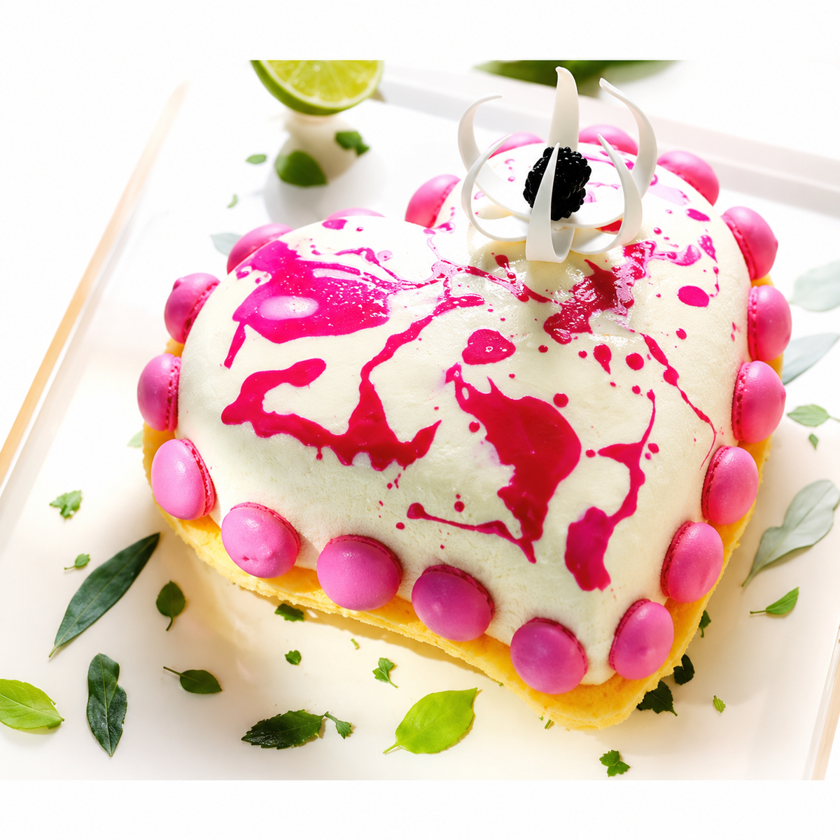 Entremets en forme de cœur décoré de macarons et de chocolat