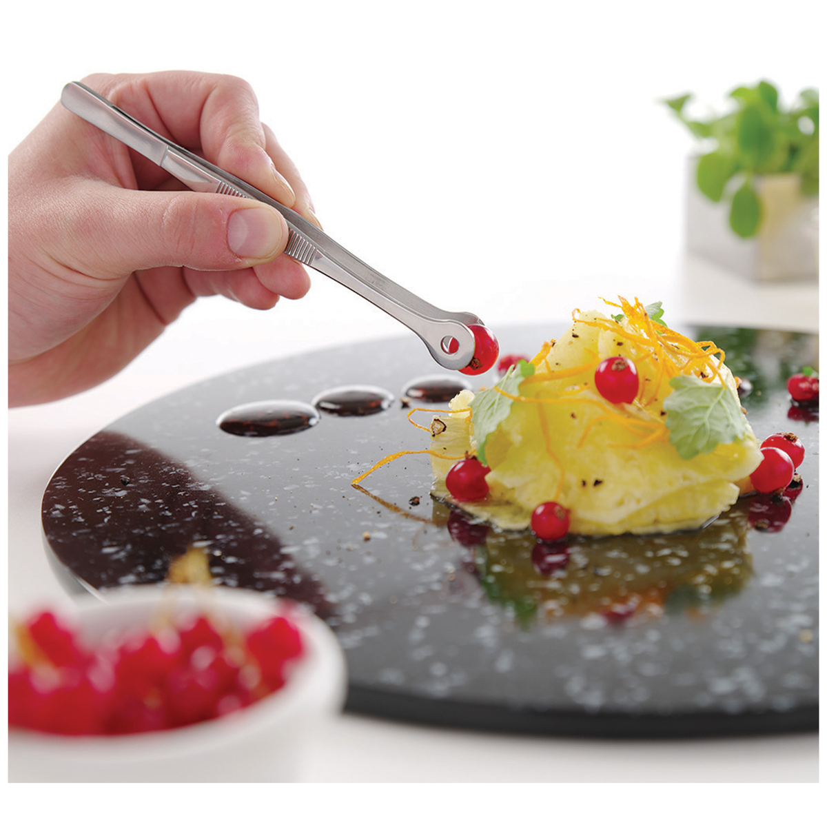 Pince de précision en inox utilisée pour le dressage et la décoration d’une assiette gastronomique