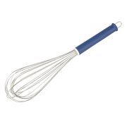 Fouet de cuisine en inox avec manche bleu et anneau de suspension
