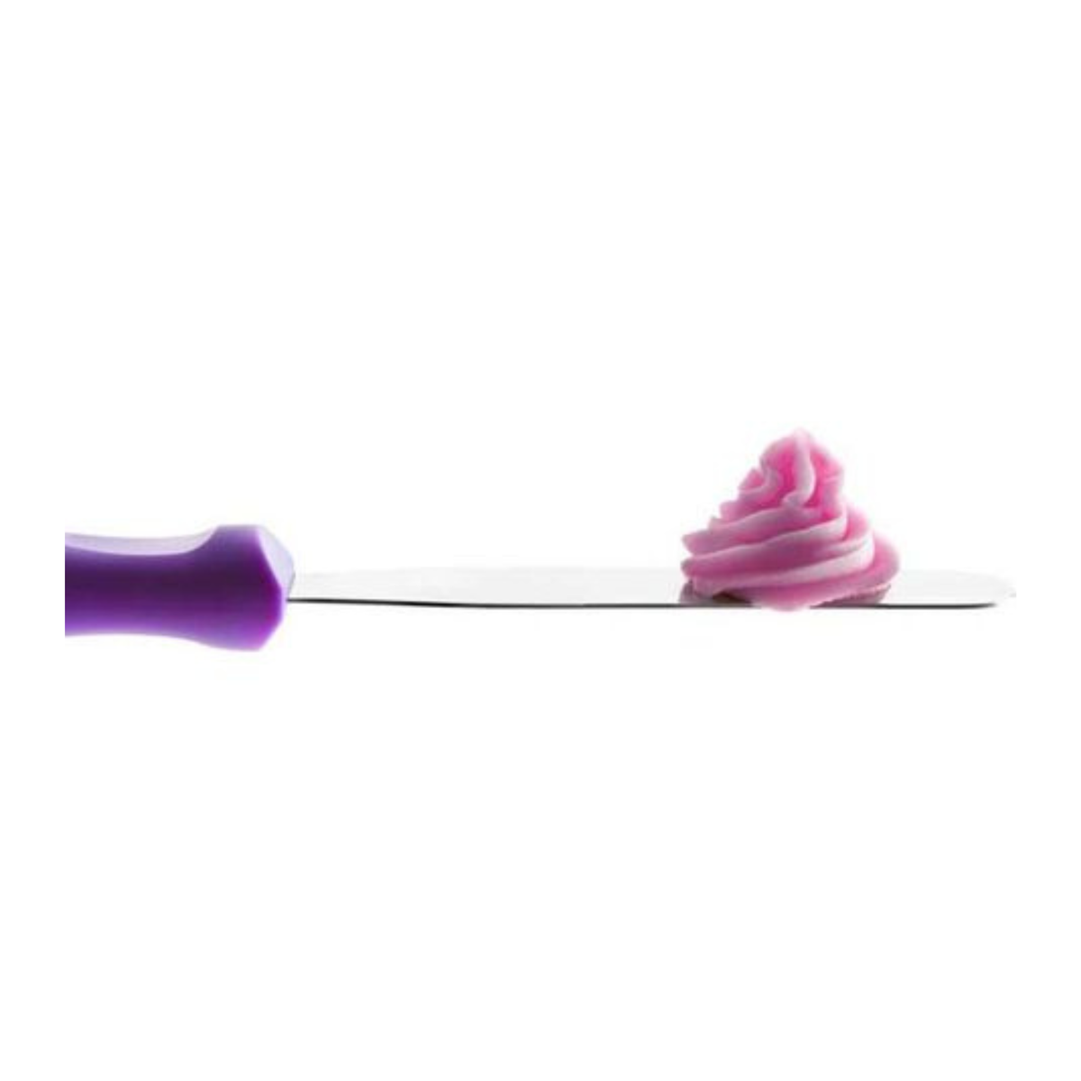 Spatule droite fine en inox, manche violet, avec crème rose
