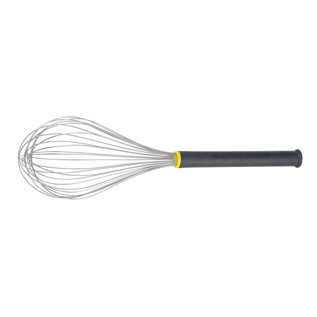 Fouet de cuisine en inox avec manche noir et bague jaune

